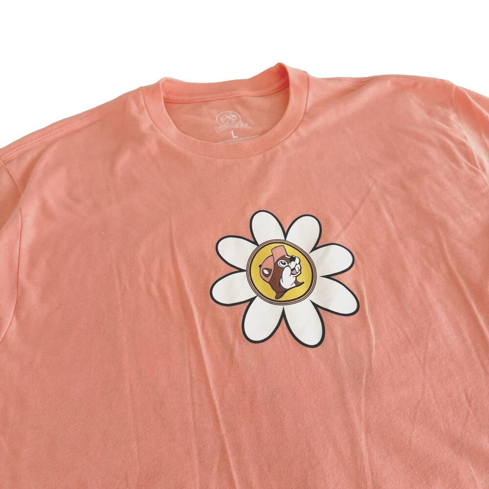 Buc-ee's Womens L Tshirt Daisy More Worry Less Peach Short Sleeve Tee NWOT